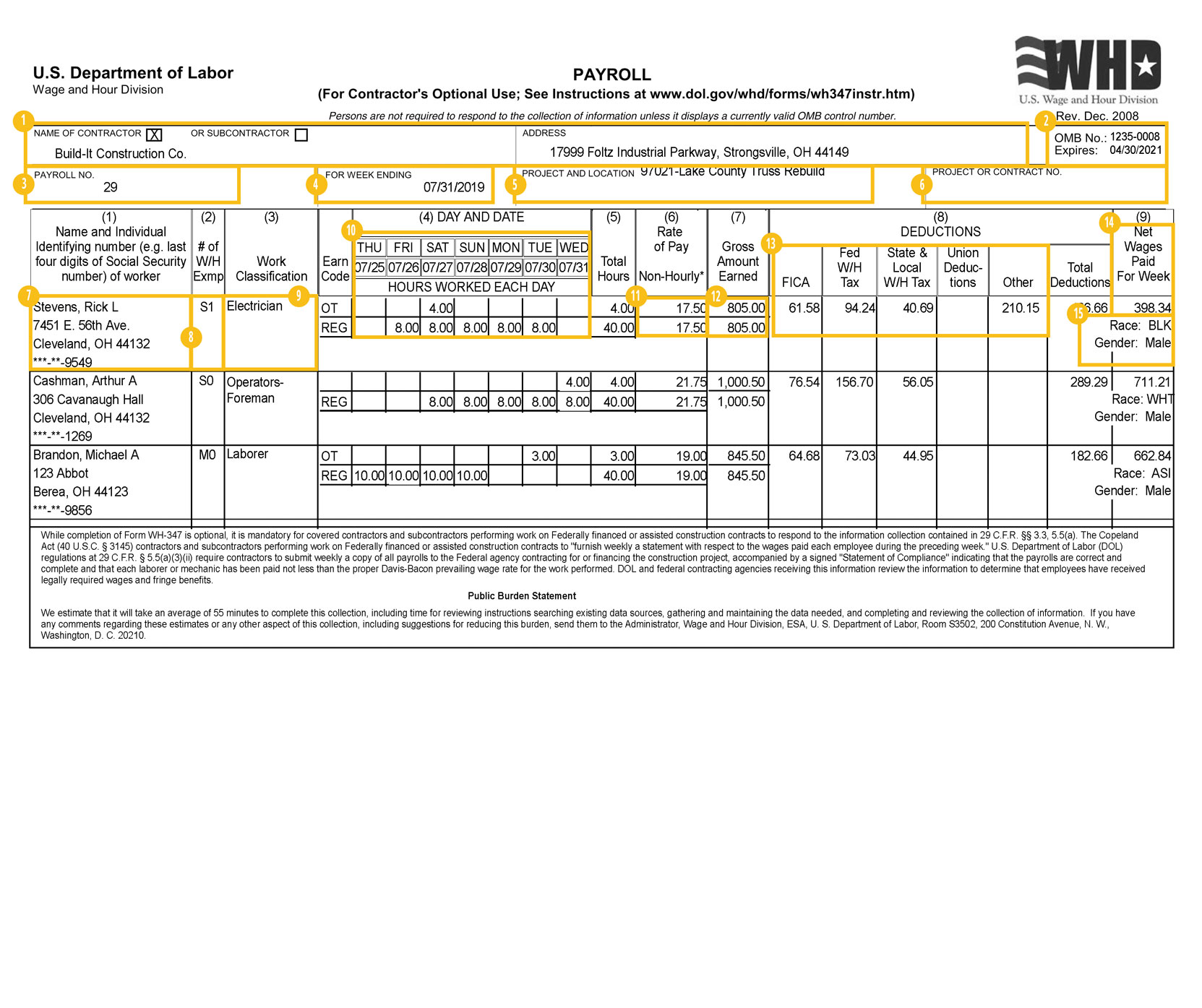 Sample WH-357 Certified Payroll Report (Page 1)